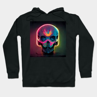 Neon skull glows in pink, blue and yellow. Hoodie